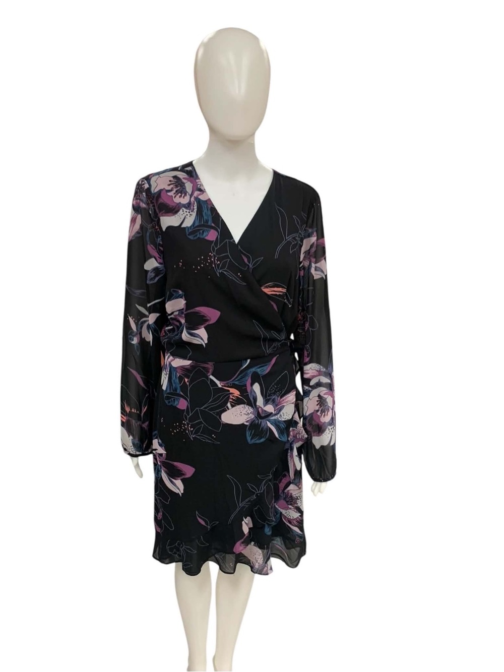 Reitmans NWT Black Floral Wrap Dress with Purple and Pink Flowers Size XL